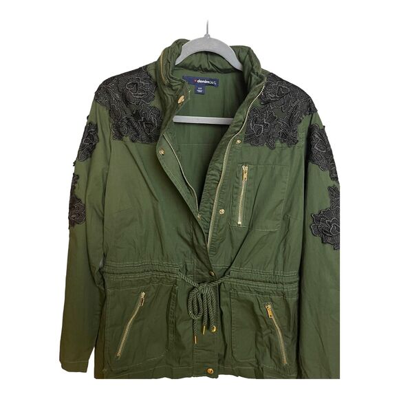 denim 24/7 Army Green Dress‎ Jacket with Black Lace Trim Size 16W NWOT - Picture 7 of 12